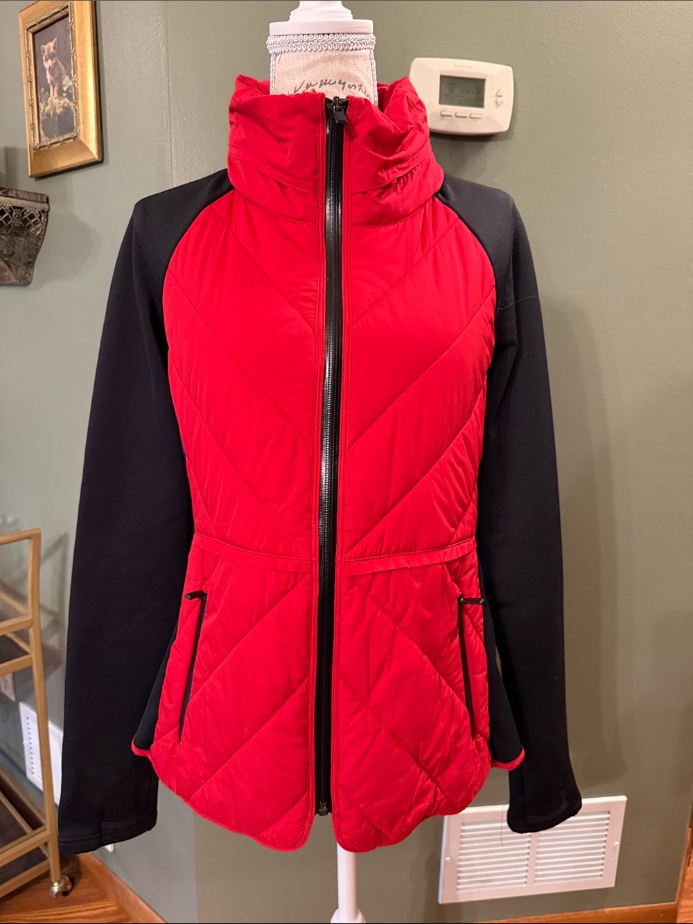 Athleta Red Quilted Puffer Jacket with Black Sleeves